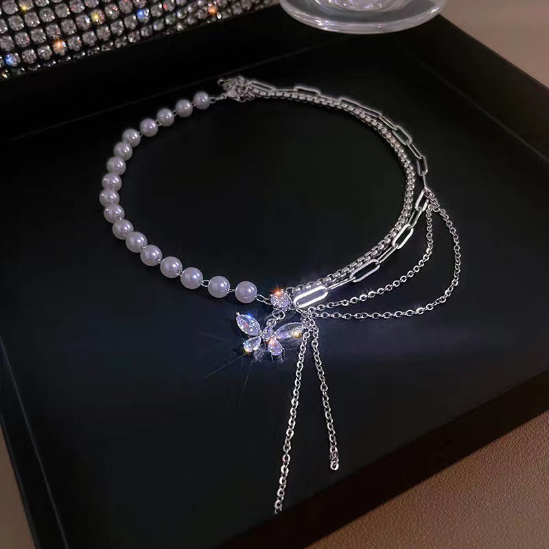 Zircon Butterfly Clavicle Chain Pearl Necklace