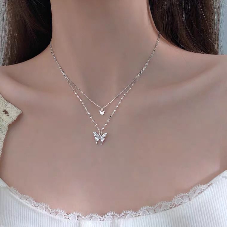 Double Layer Butterfly Sterling Silver Necklace