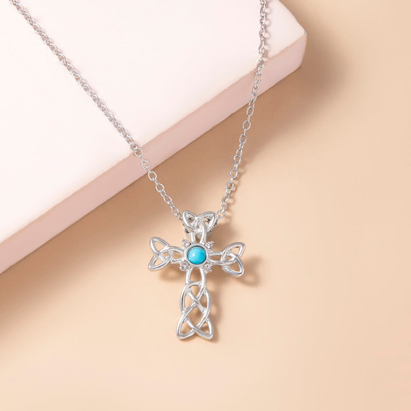 Blue Stone Celtic Knot Cross Pendant Necklace